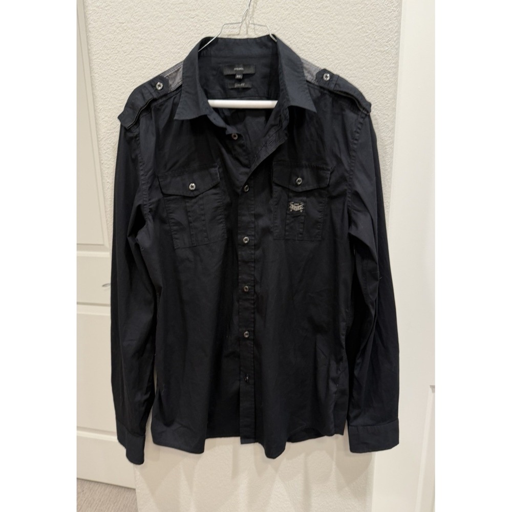 Men's Black Cotton Button-down Shirt by Diesel XL Slim-Fit Long Sleeve